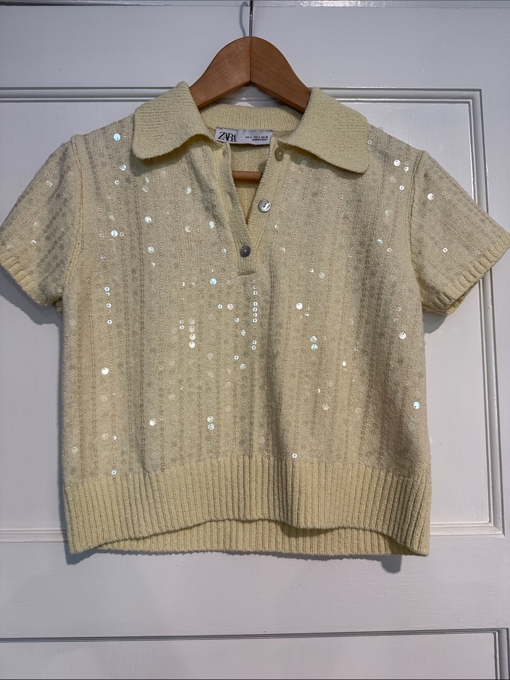 Zara Pale Yellow Short-Sleeve Sequin Polo Sweater